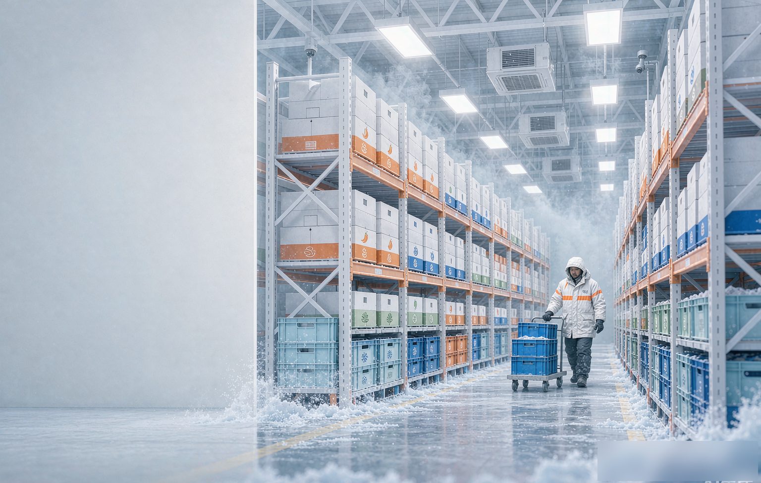 数之舱：−18℃ 低温冷冻仓库现场，高位货架与托盘货垛